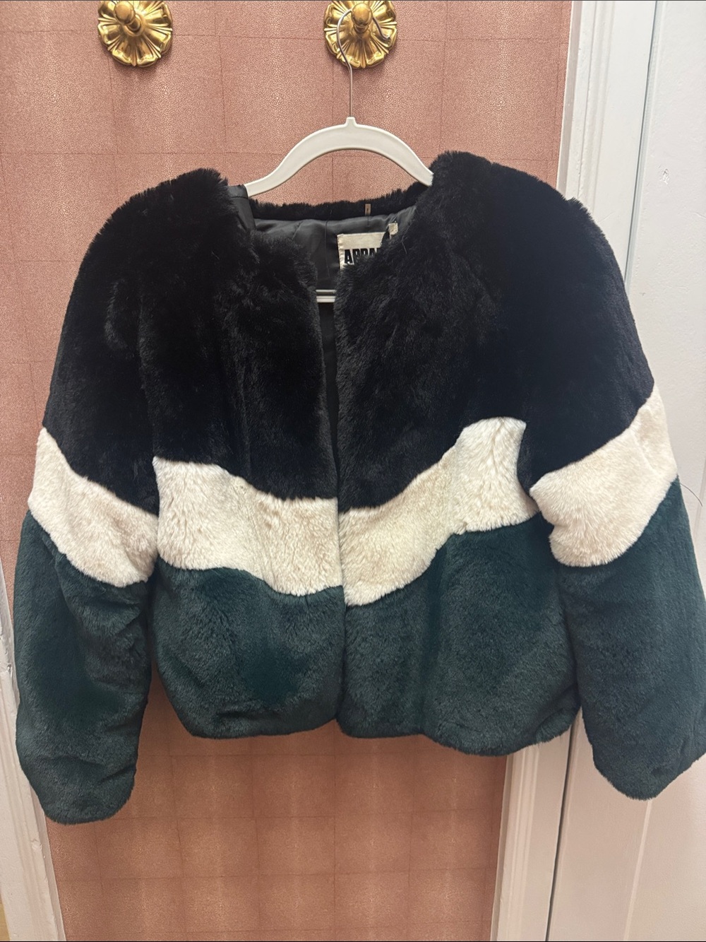 Apparis Black Cream Forest Green Faux Fur Colorblock Bomber Jacket